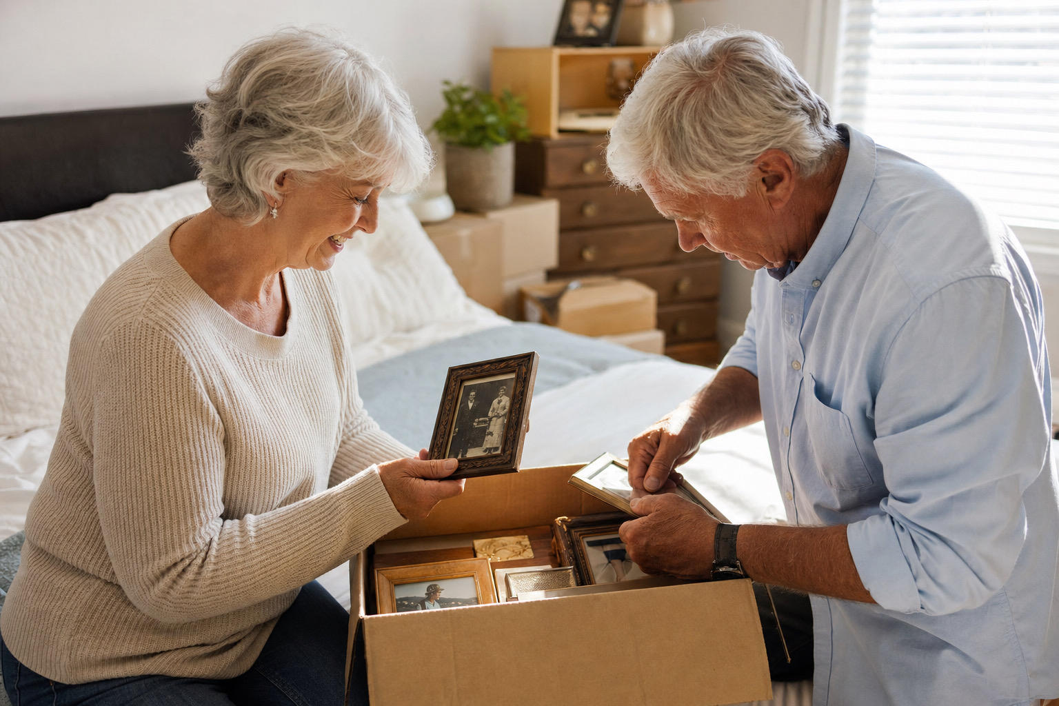 An elderly couple looks through a box of old framed photographs, reminiscing