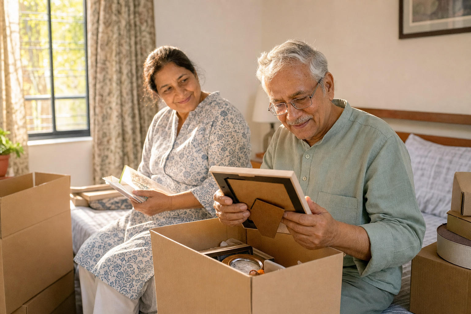 An elderly couple happily looks through photos and keepsakes while unpacking boxes