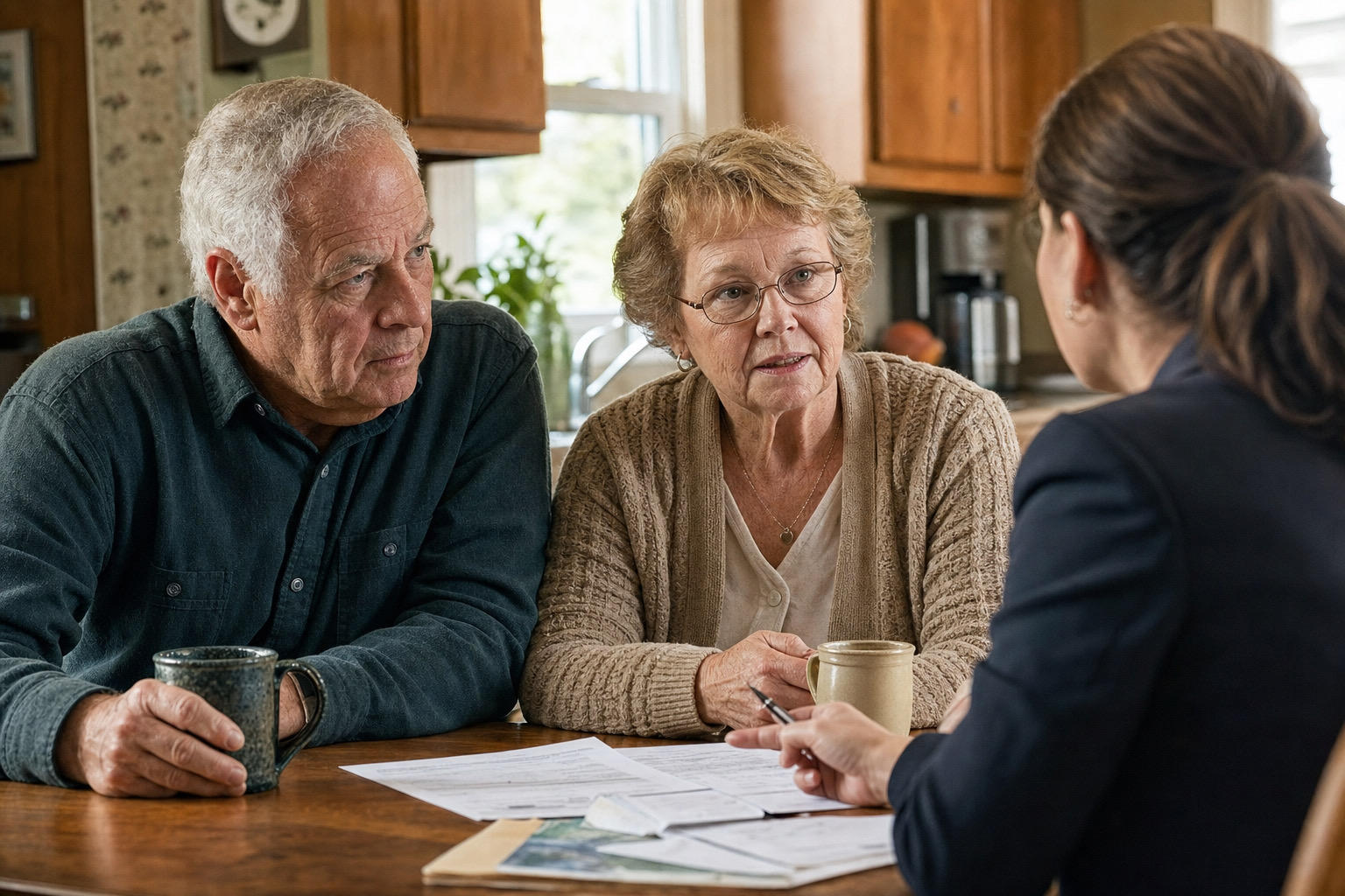 An older couple listens intently to a professional at a table with documents and coffee mugs