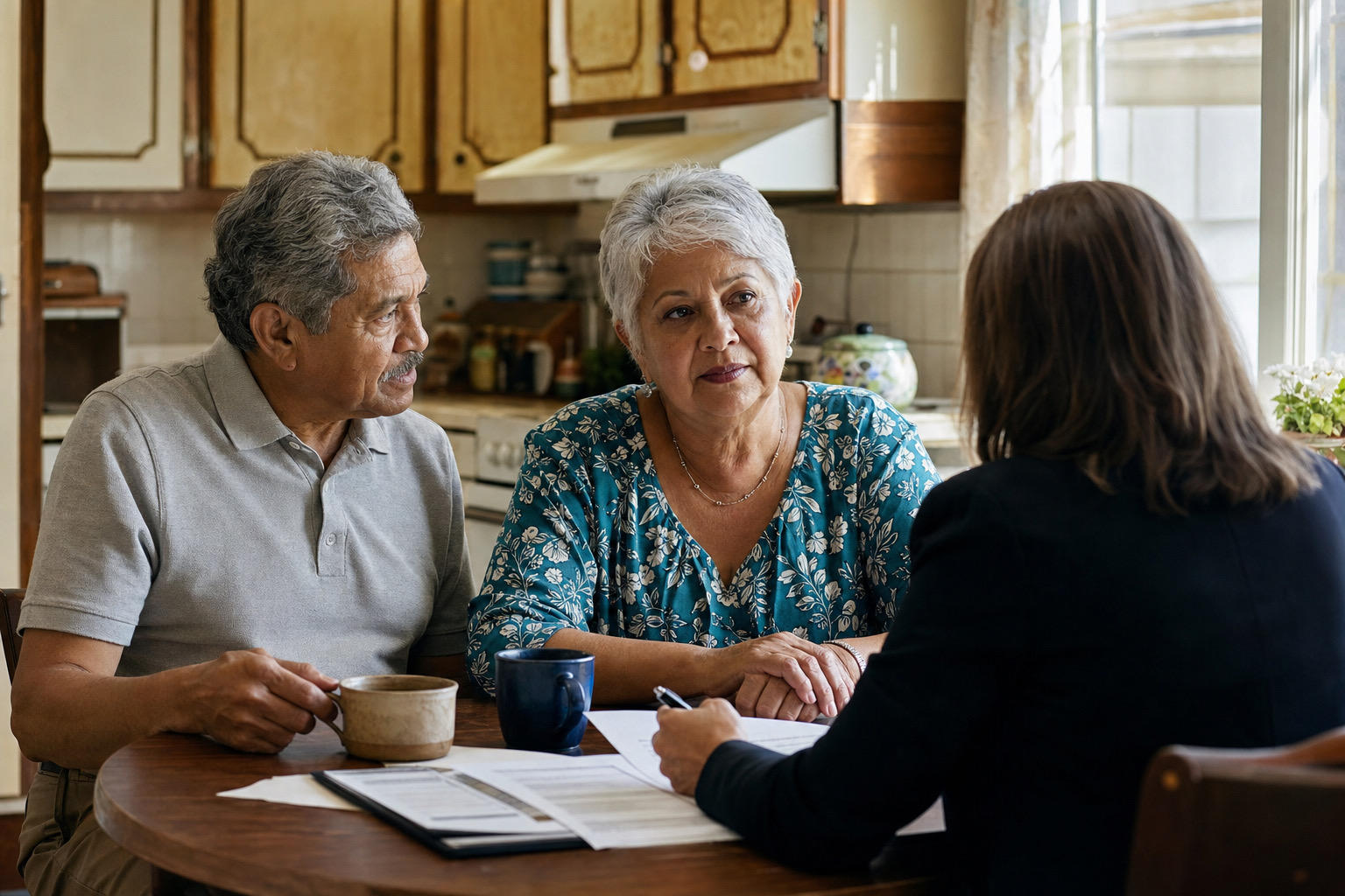Elderly couple discussing with a professional at a kitchen table