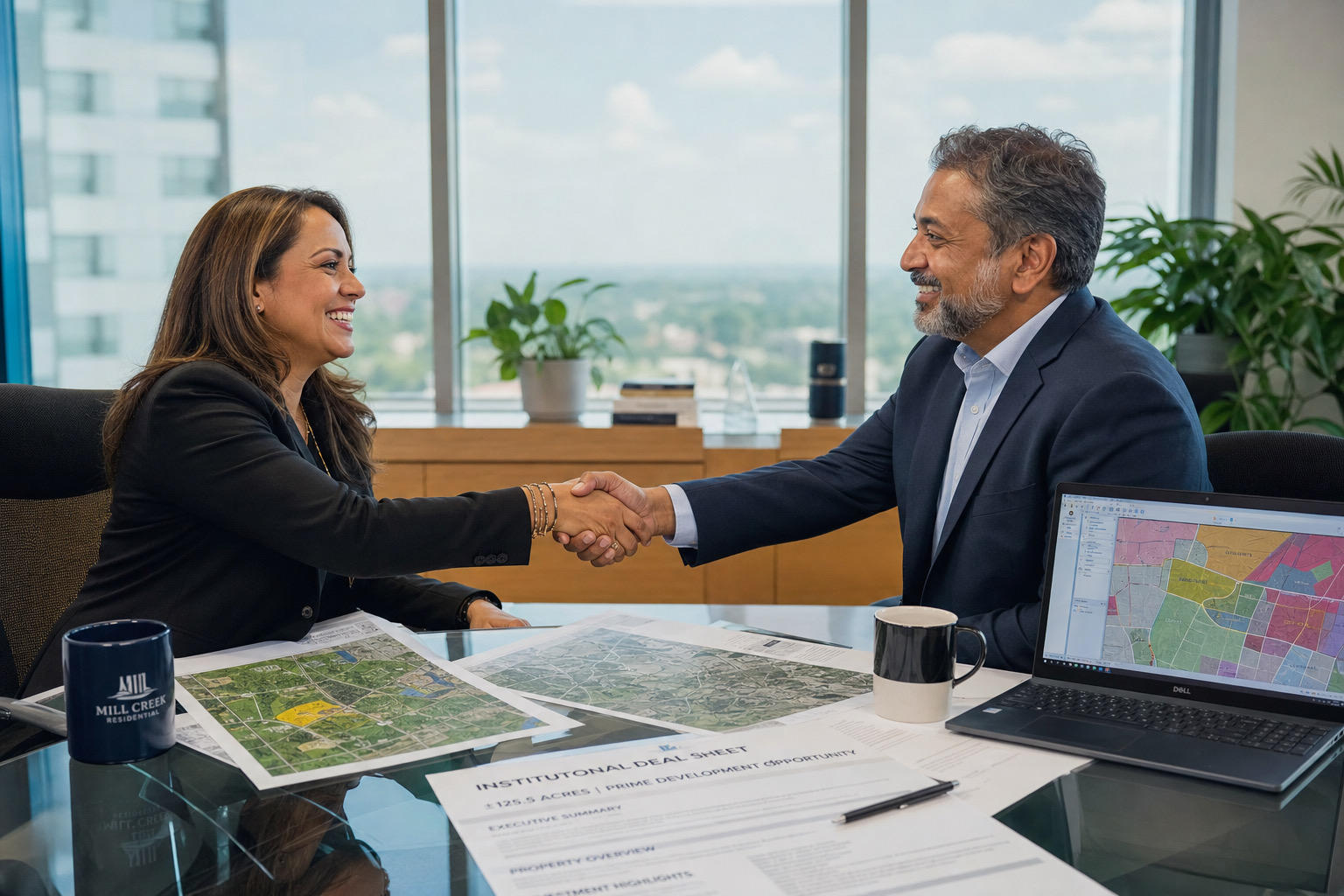 Business professionals shaking hands over a table with maps and documents, representing a new partnership