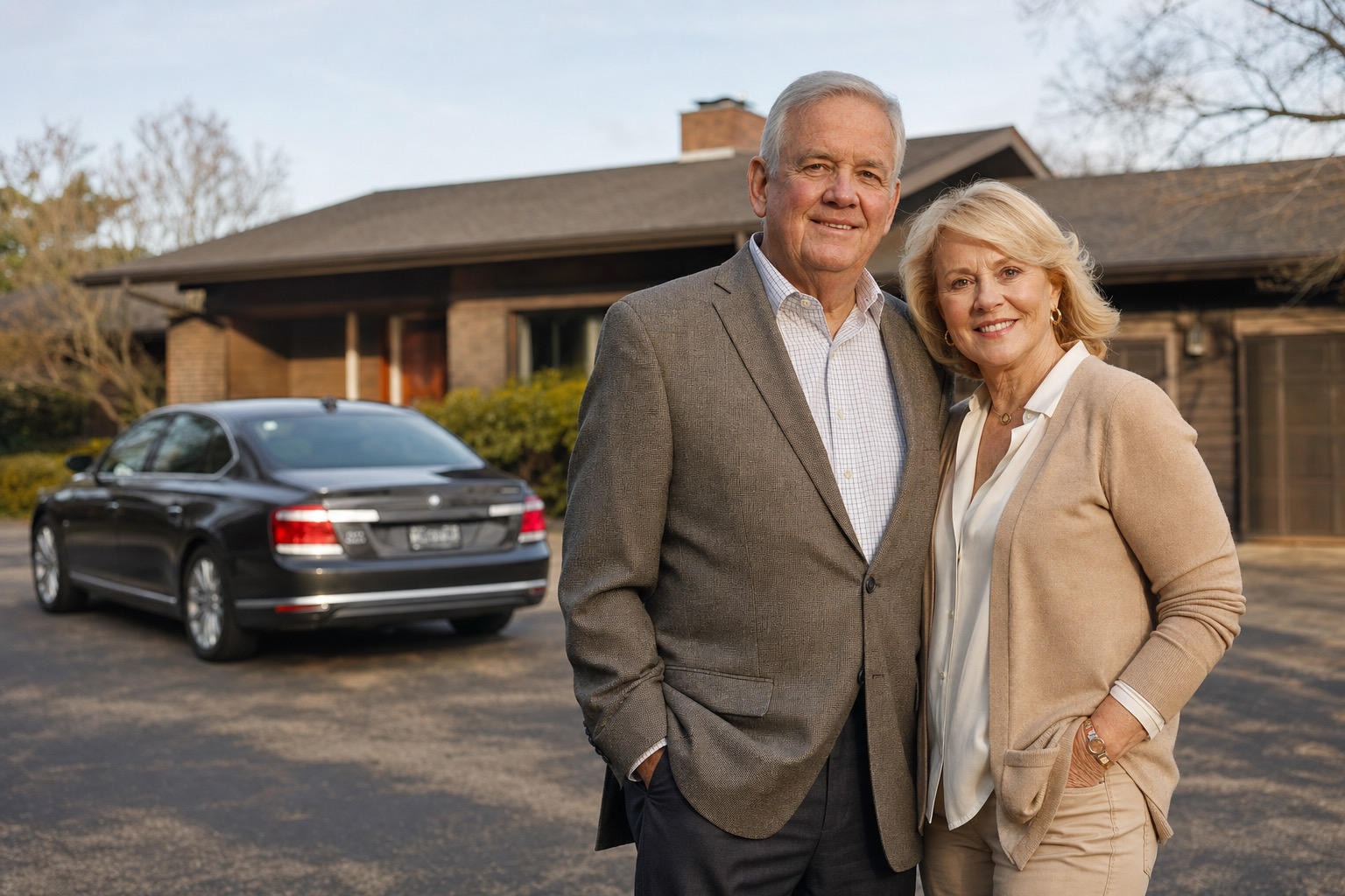 A smiling, well-dressed older couple stands in front of a house, representing a family beginning a life transition