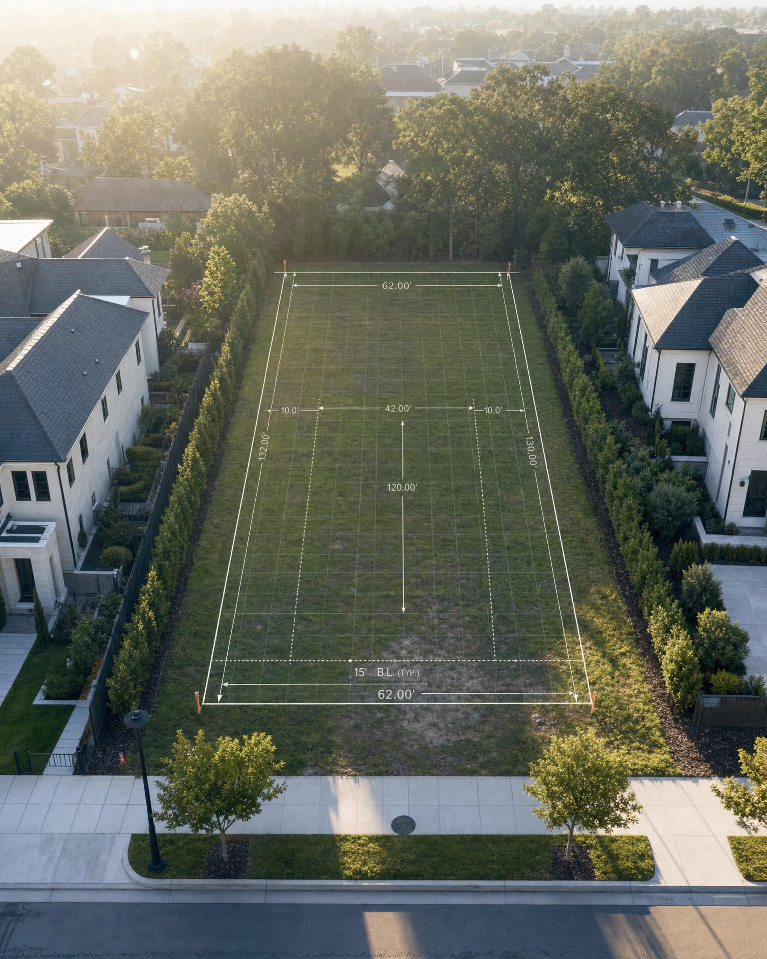 Aerial view of a vacant lot with property lines and dimensions overlaid, surrounded by mature homes and trees