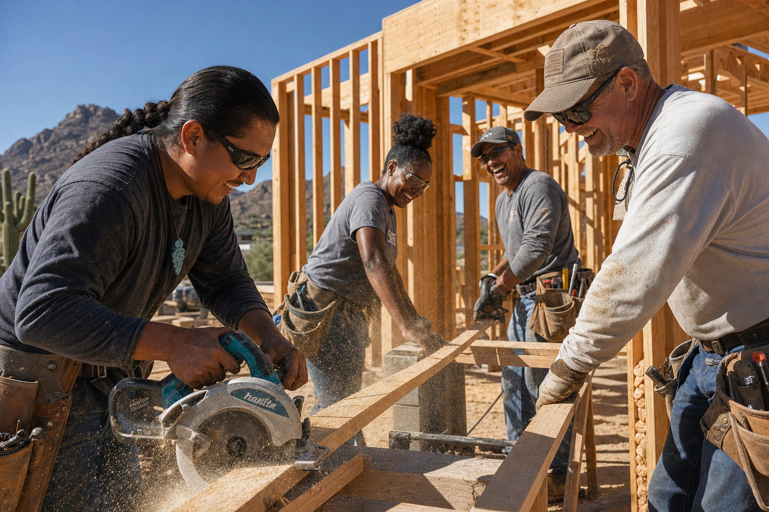 Diverse construction crew framing a new building on a sunny day